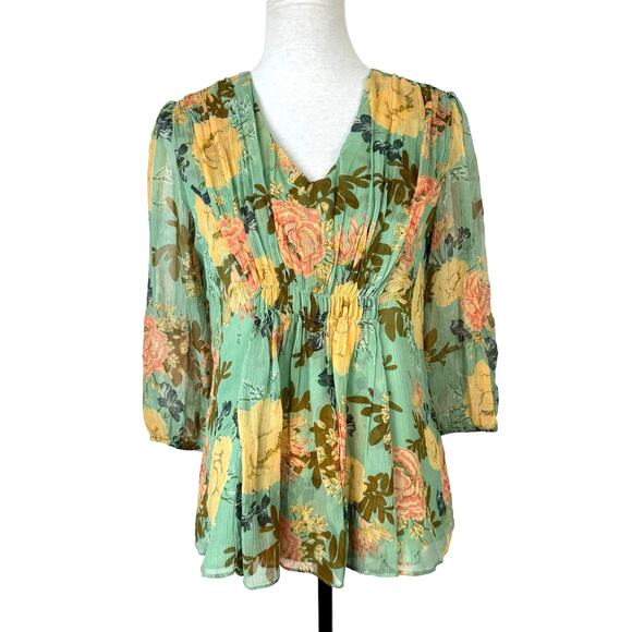 Sundance Sylvan Sage Green Floral Sheer Crepe Texture Silk Babydoll Blouse - Picture 1 of 10
